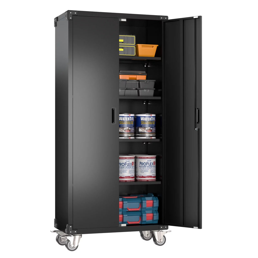 Metal Storage Cabinet with Lock, 72In Steel Storage Cabinet with Wheels, Black J98037