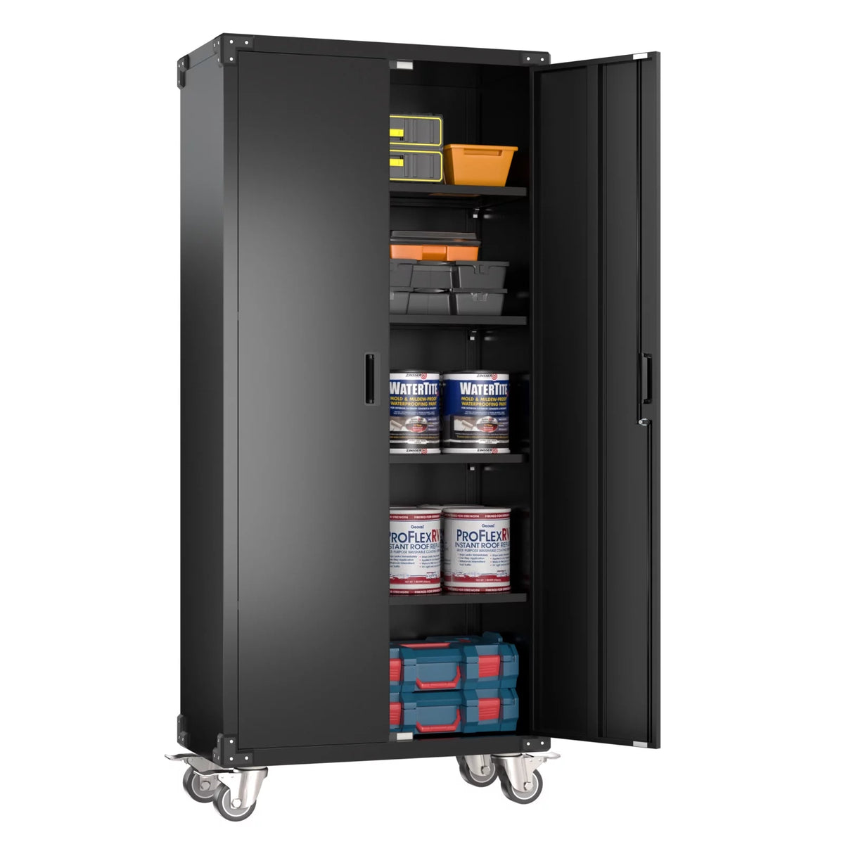 Metal Storage Cabinet with Lock, 72In Steel Storage Cabinet with Wheels, Black J98037