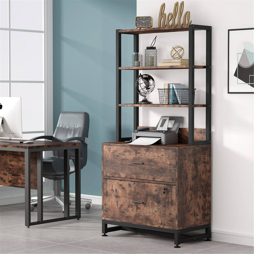 2 Drawer File Cabinet with Lock Bookshelf, Letter Size Printer Stand - Brown Z1998