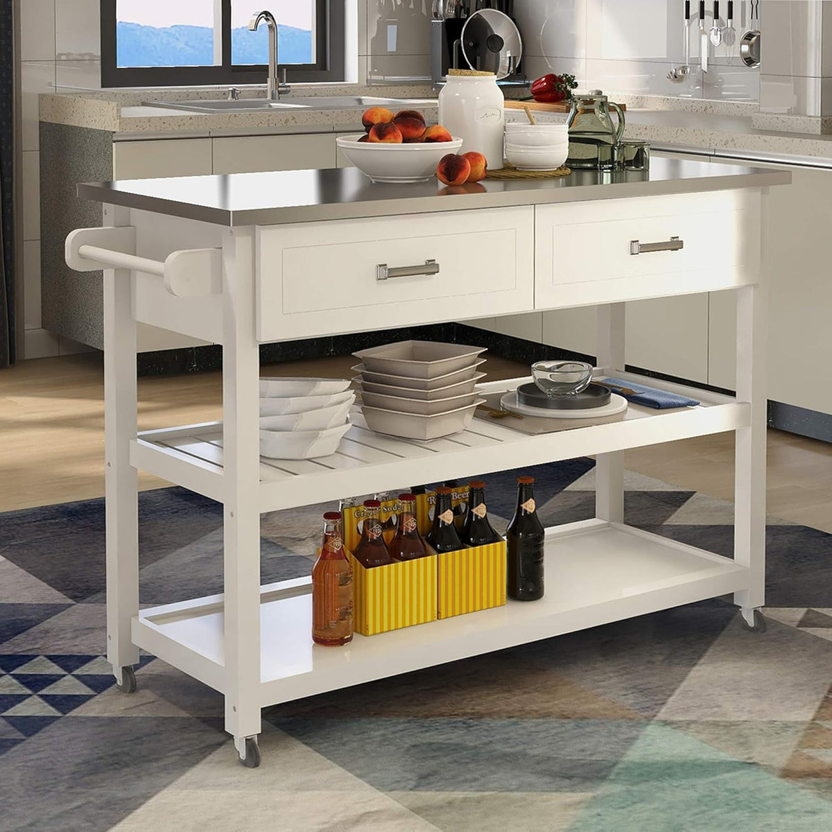 White Kitchen Cart with Stainless Steel Top I48896