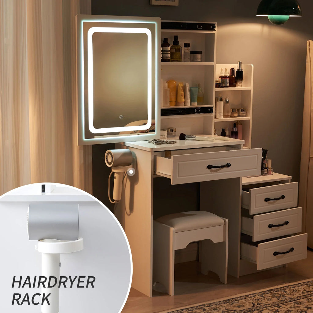 White Vanity Desk with Stool, Sliding Mirror, 4 Drawers & Shelves H761090