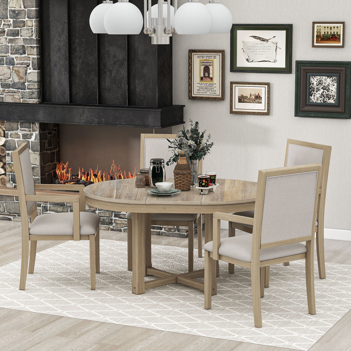 5-Piece Extendable Wood Dining Table Set with 4 Upholstered Chairs W753