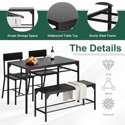 Black Dining Table Set with Bench and Chairs V26726