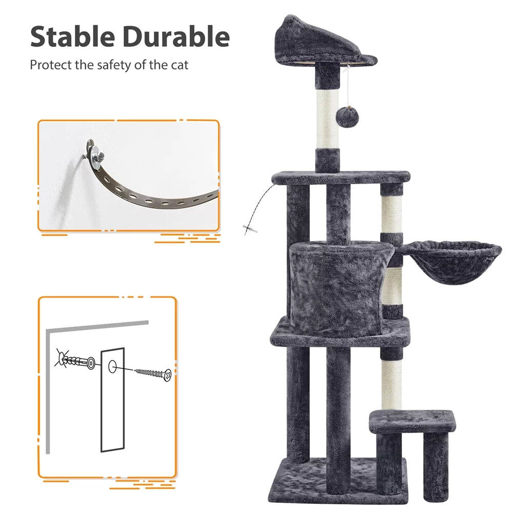 57" Multi Level Cat Tree with Basket & Condo & Scratching, Dark Gray N716150