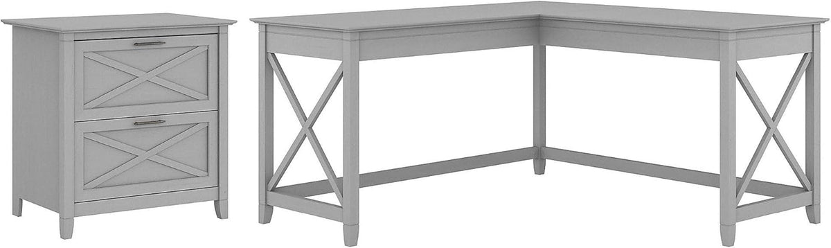 L Shaped Desk with 2 Drawer Lateral File Cabinet, Dark Gray Hickory I59613