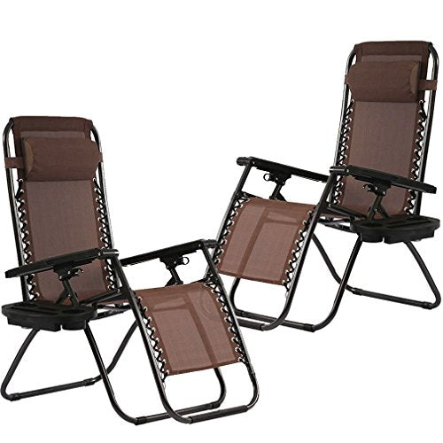Zero Gravity Lounge Chairs Set of 2 with Pillow and Cup Holder F419392