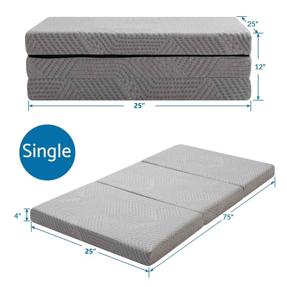 Gray Tri Fold Gel Memory Foam Mattress with Washable Cover S175