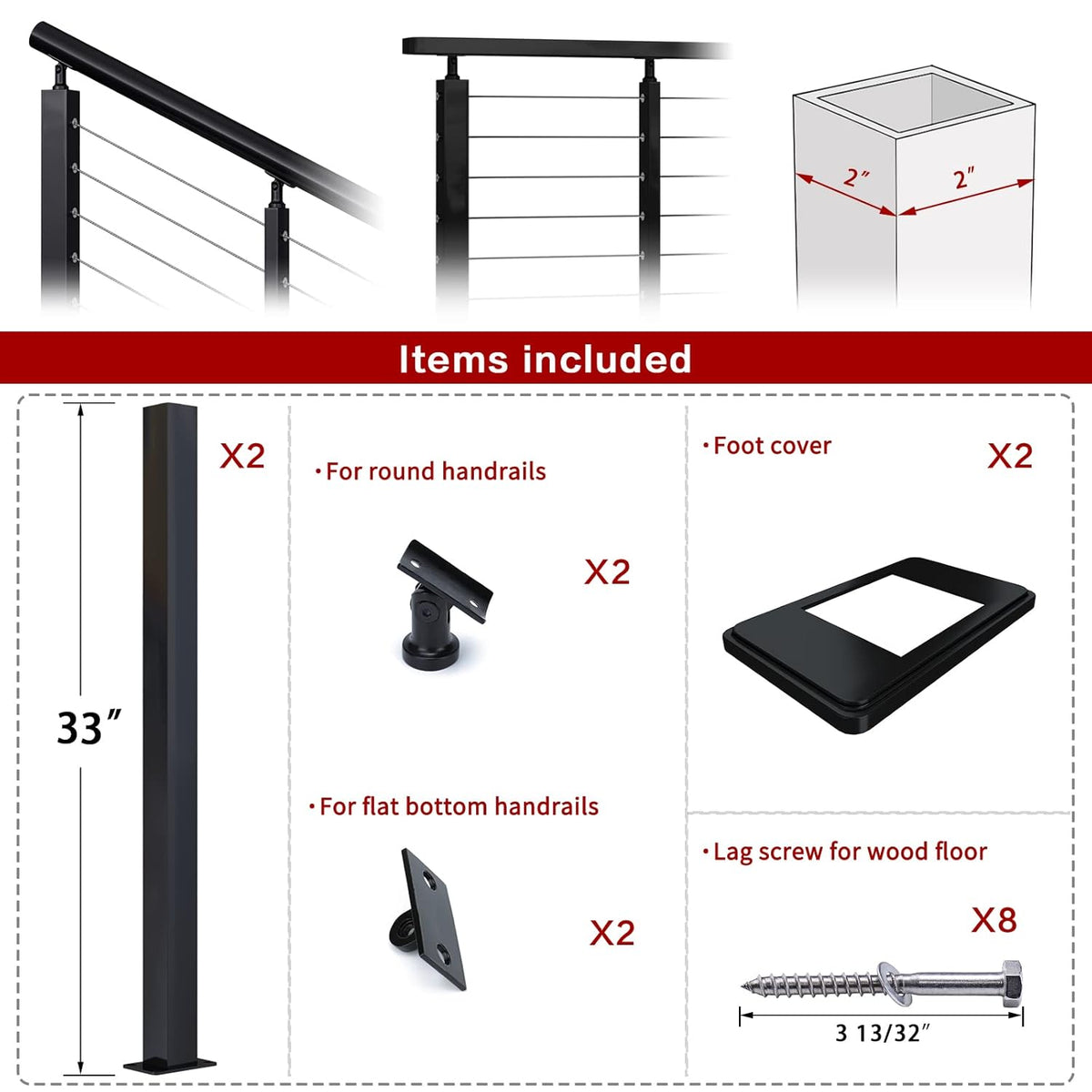 2 Pack Un-drilled Stainless Steel Cable Railing Post E21271