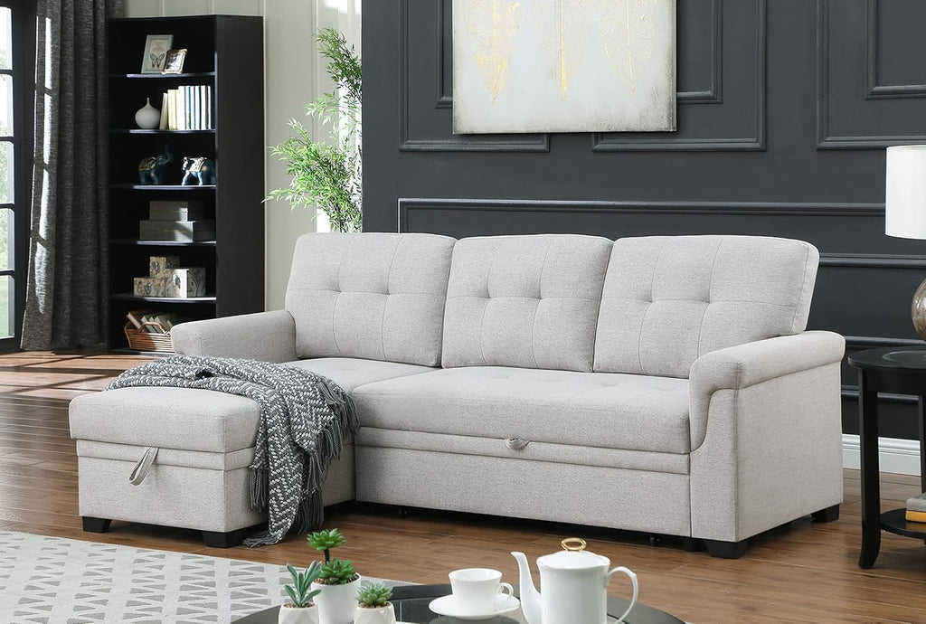 L-Shaped Linen Tufted Reversible Sleeper Sectional Sofa with Pull Out Sleep Couch Bed, Light Gray I3548