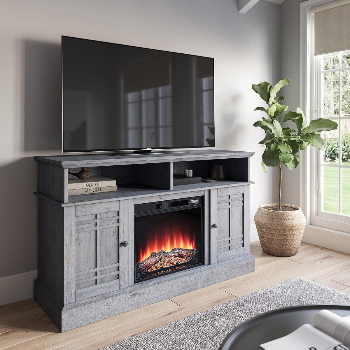 Gray Wash Wood TV Stand with Open Storage Shelves & Cabinets E420644
