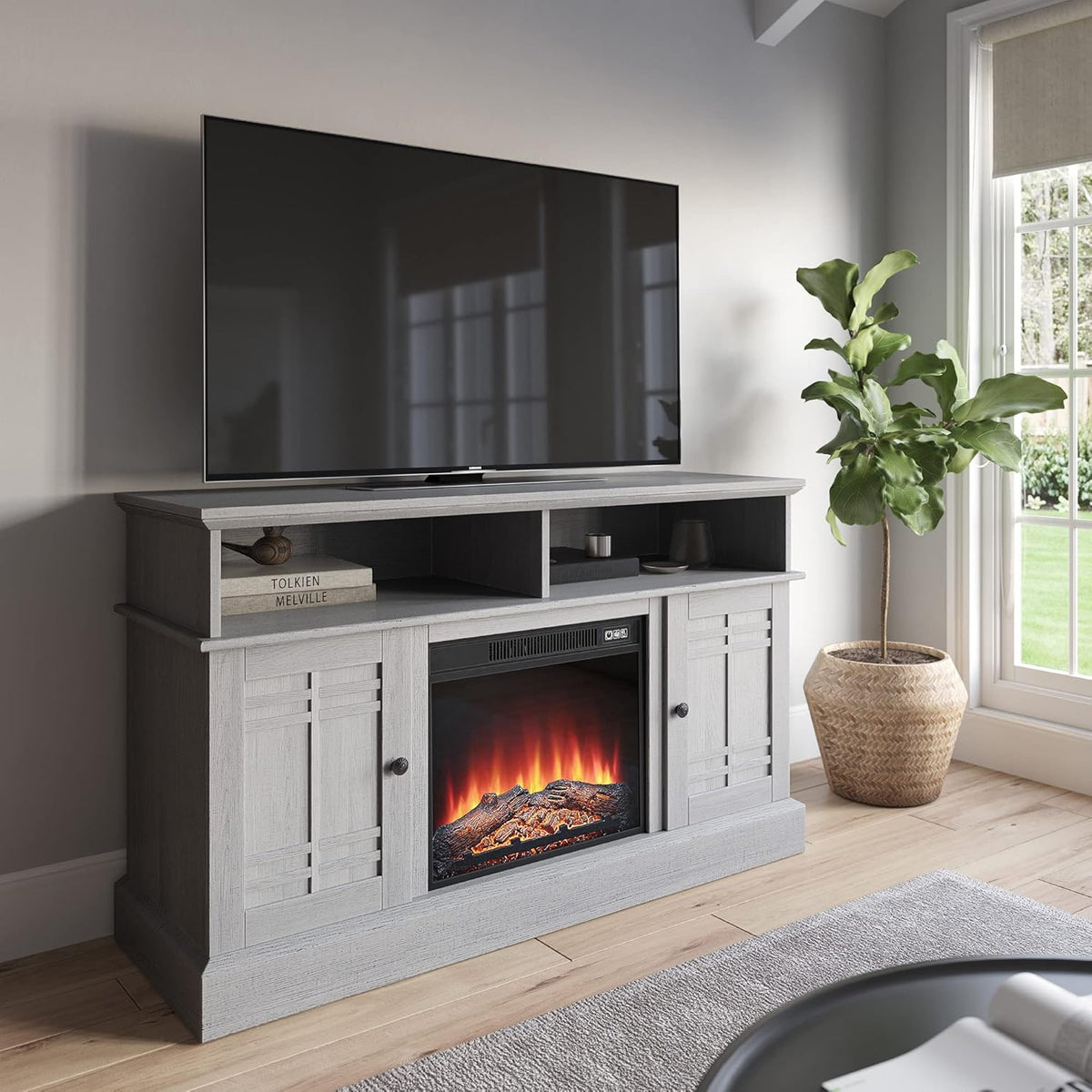Gray Wash Wood TV Stand with Open Storage Shelves & Cabinets E420644