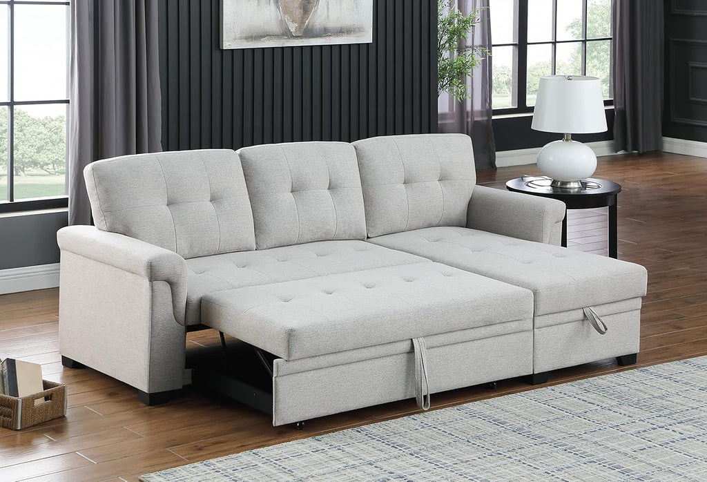 L-Shaped Linen Tufted Reversible Sleeper Sectional Sofa with Pull Out Sleep Couch Bed, Light Gray I3548