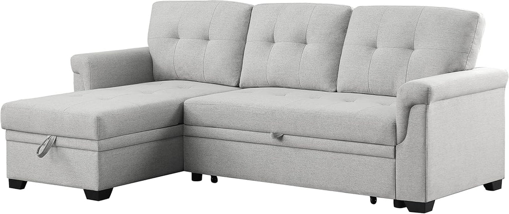L-Shaped Linen Tufted Reversible Sleeper Sectional Sofa with Pull Out Sleep Couch Bed, Light Gray I3548