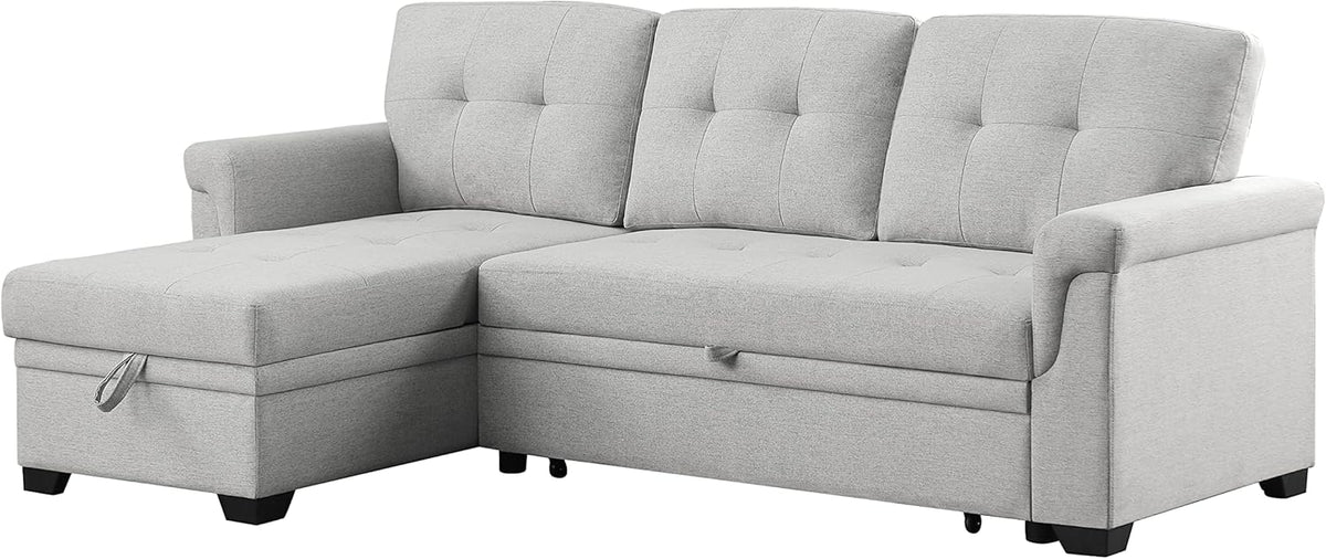 L-Shaped Linen Tufted Reversible Sleeper Sectional Sofa with Pull Out Sleep Couch Bed, Light Gray I3548