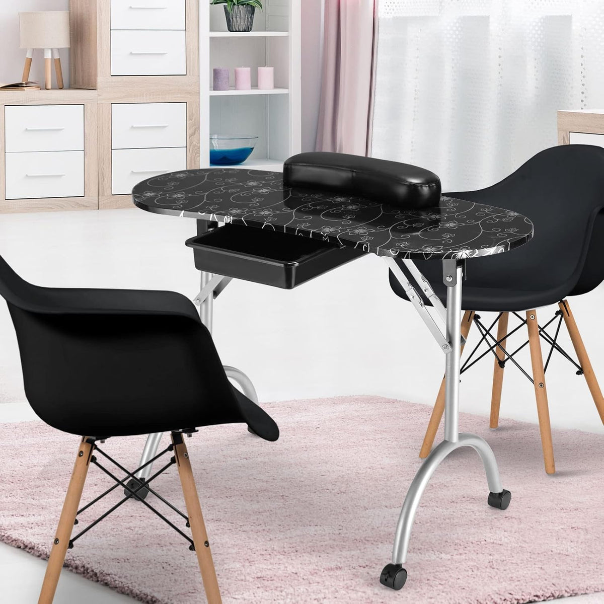 Black Portable Manicure Table with Drawer and Casters E416