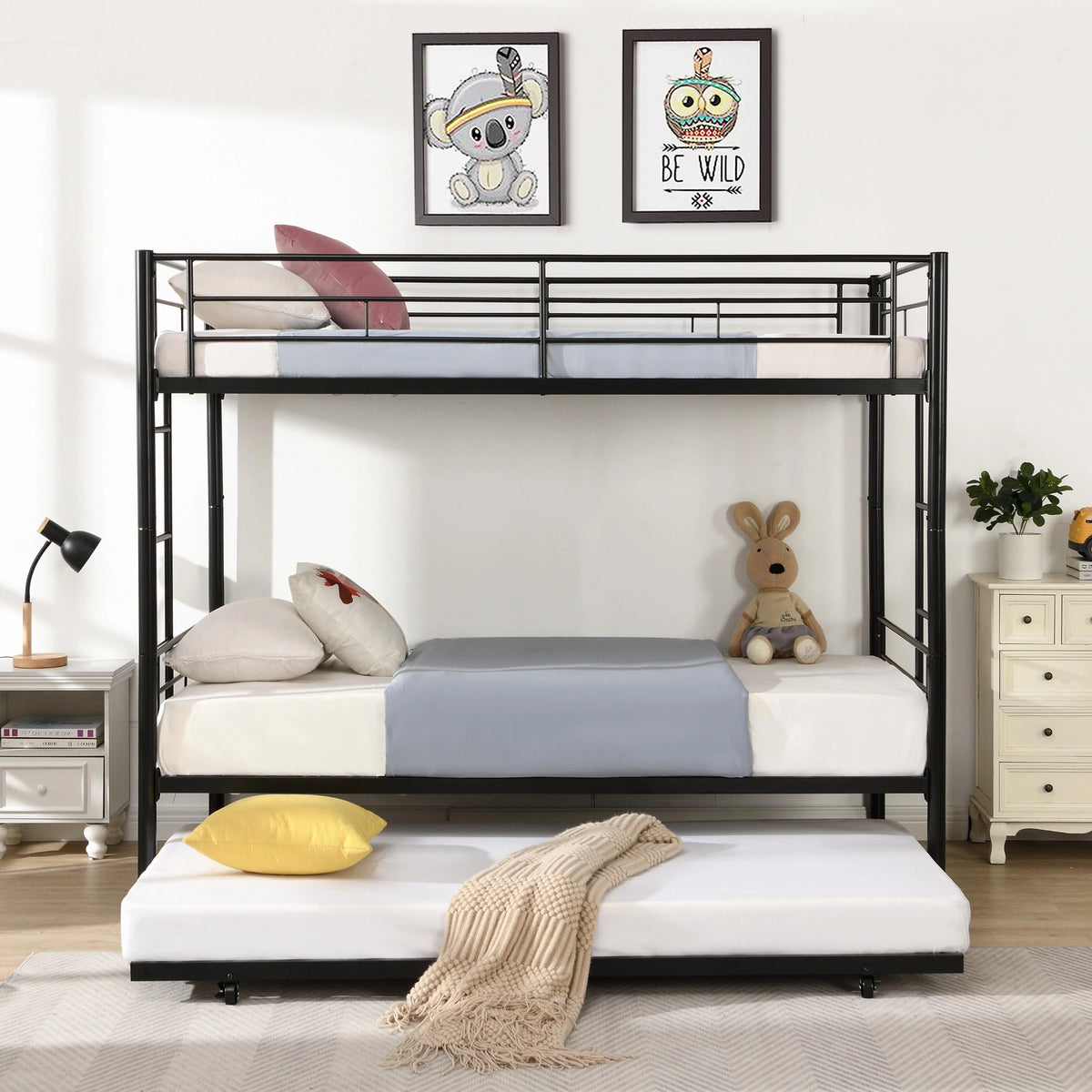 Black Twin Over Twin Metal Bunk Bed with Trundle R264293