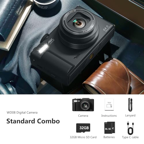 64MP Digital Camera with 3" 180° Flip Screen, 18X Digital Zoom, 32GB Micro SD Card (Black) R7406