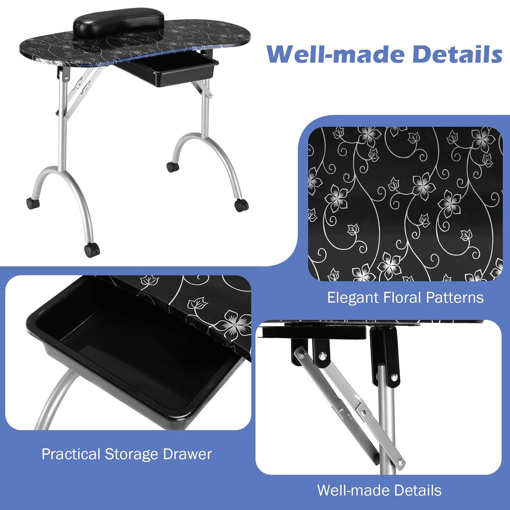 Black Portable Manicure Table with Drawer and Casters E416