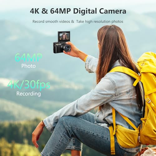 64MP Digital Camera with 3" 180° Flip Screen, 18X Digital Zoom, 32GB Micro SD Card (Black) R7406