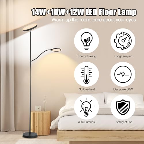 36W 3000LM LED Tall Floor Lamp with Dimmable Reading Light H797397