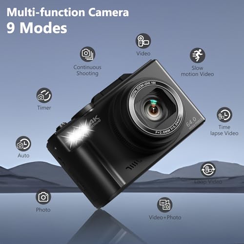 64MP Digital Camera with 3" 180° Flip Screen, 18X Digital Zoom, 32GB Micro SD Card (Black) R7406