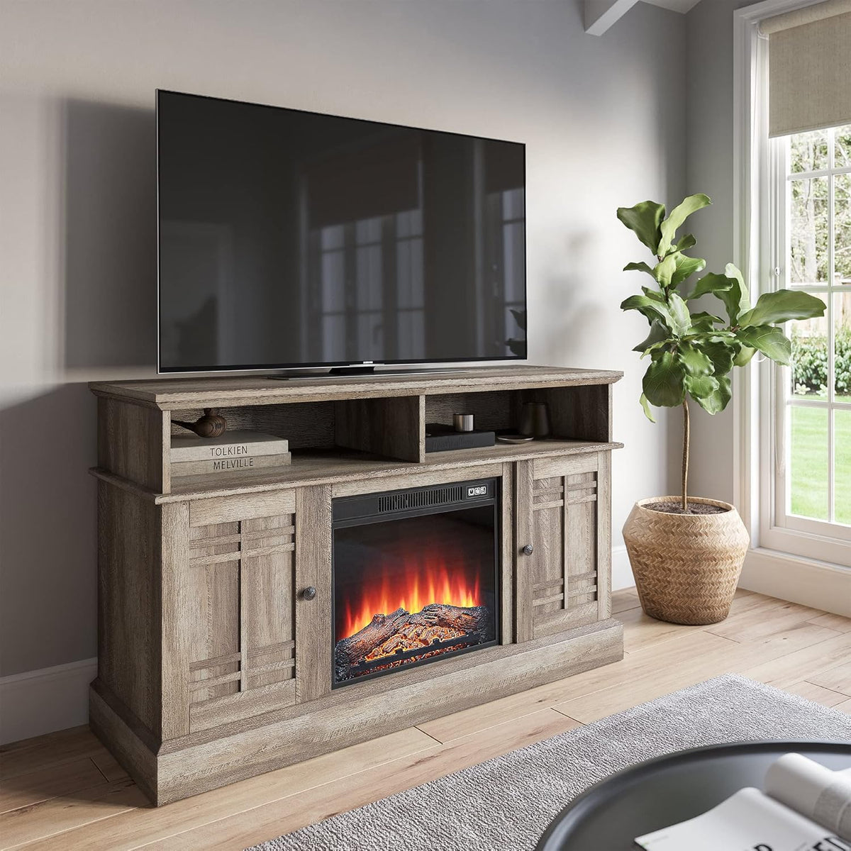 Gray Wash Wood TV Stand with Open Storage Shelves & Cabinets E420644