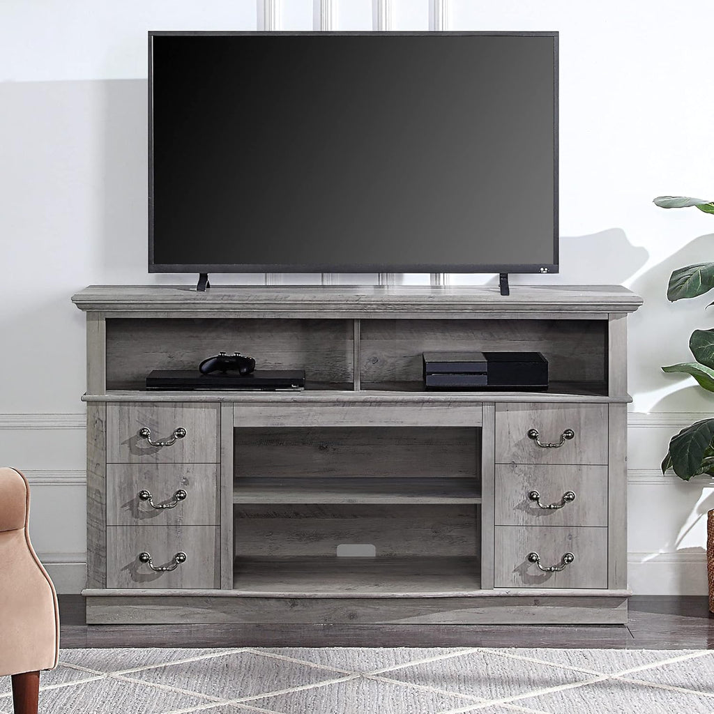 Gray Wash Wood TV Stand with Open Storage Shelves & Cabinets E420644