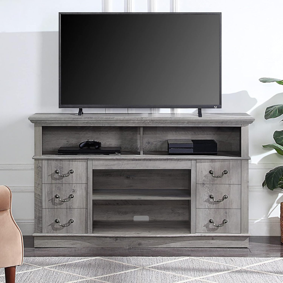 Gray Wash Wood TV Stand with Open Storage Shelves & Cabinets E420644