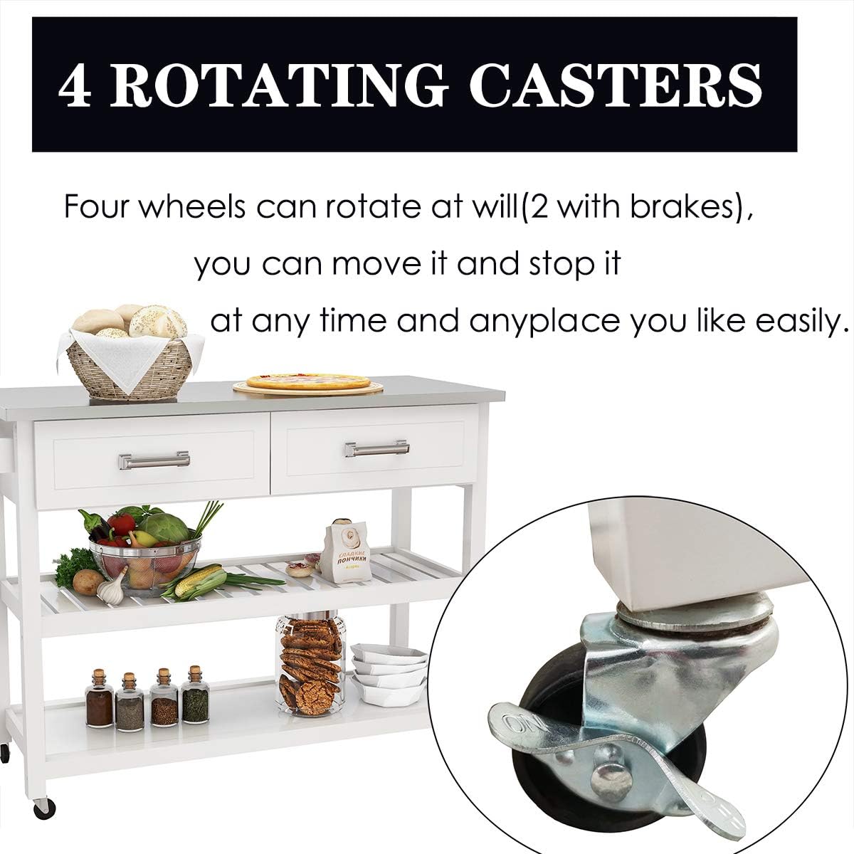 White Kitchen Cart with Stainless Steel Top I48896