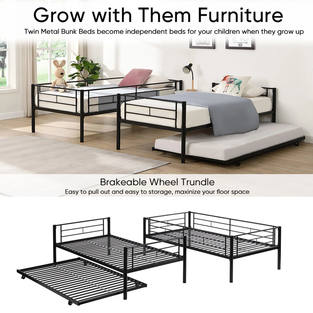 Black Twin Over Twin Metal Bunk Bed with Trundle R264293