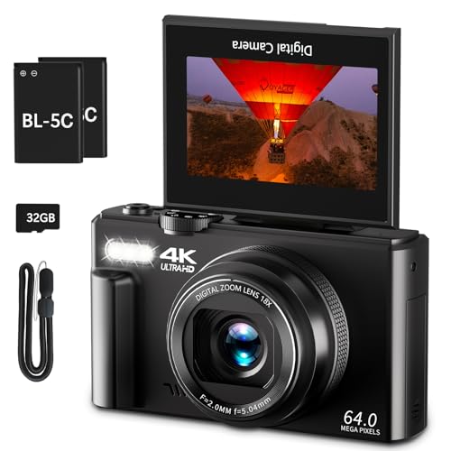 64MP Digital Camera with 3" 180° Flip Screen, 18X Digital Zoom, 32GB Micro SD Card (Black) R7406