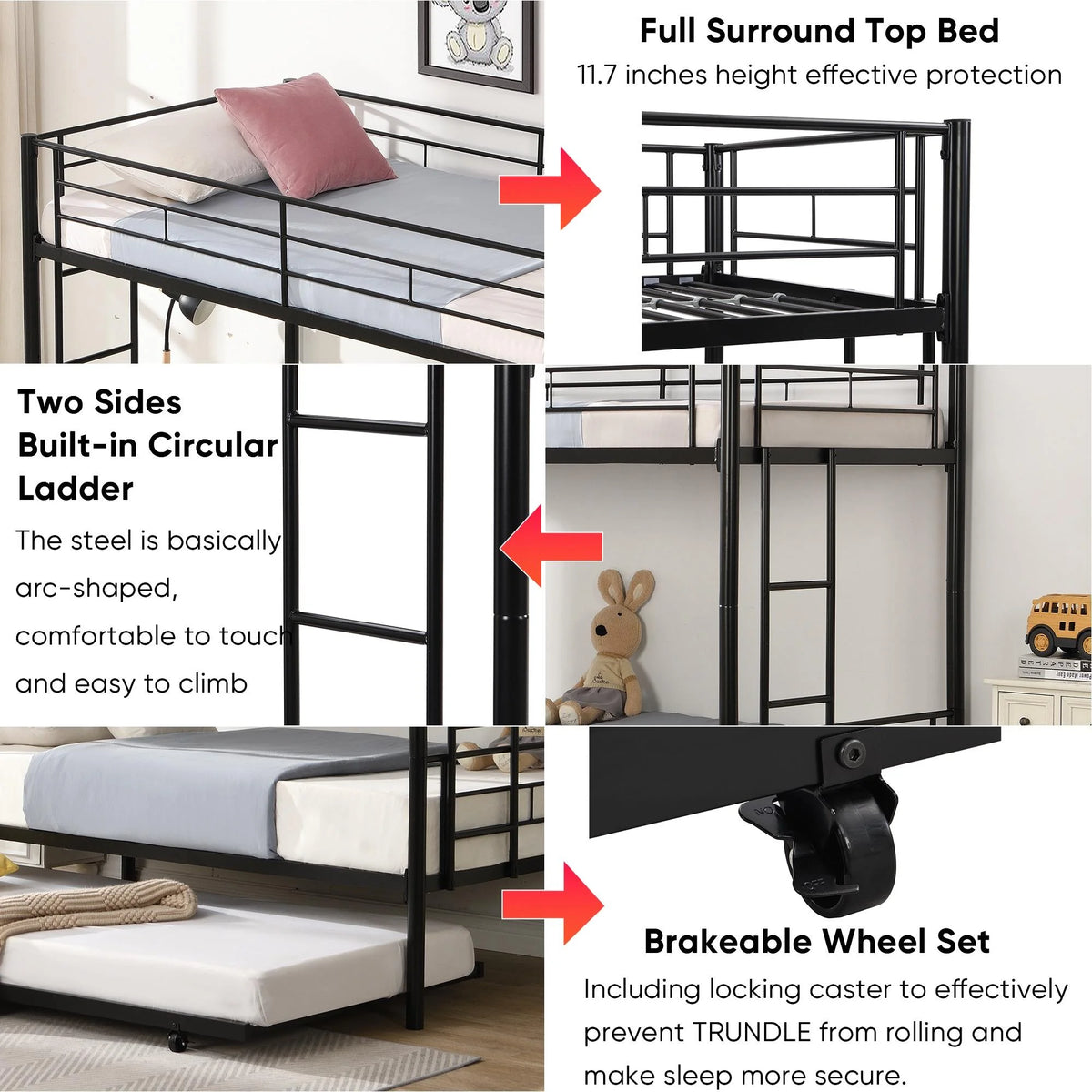Black Twin Over Twin Metal Bunk Bed with Trundle R264293