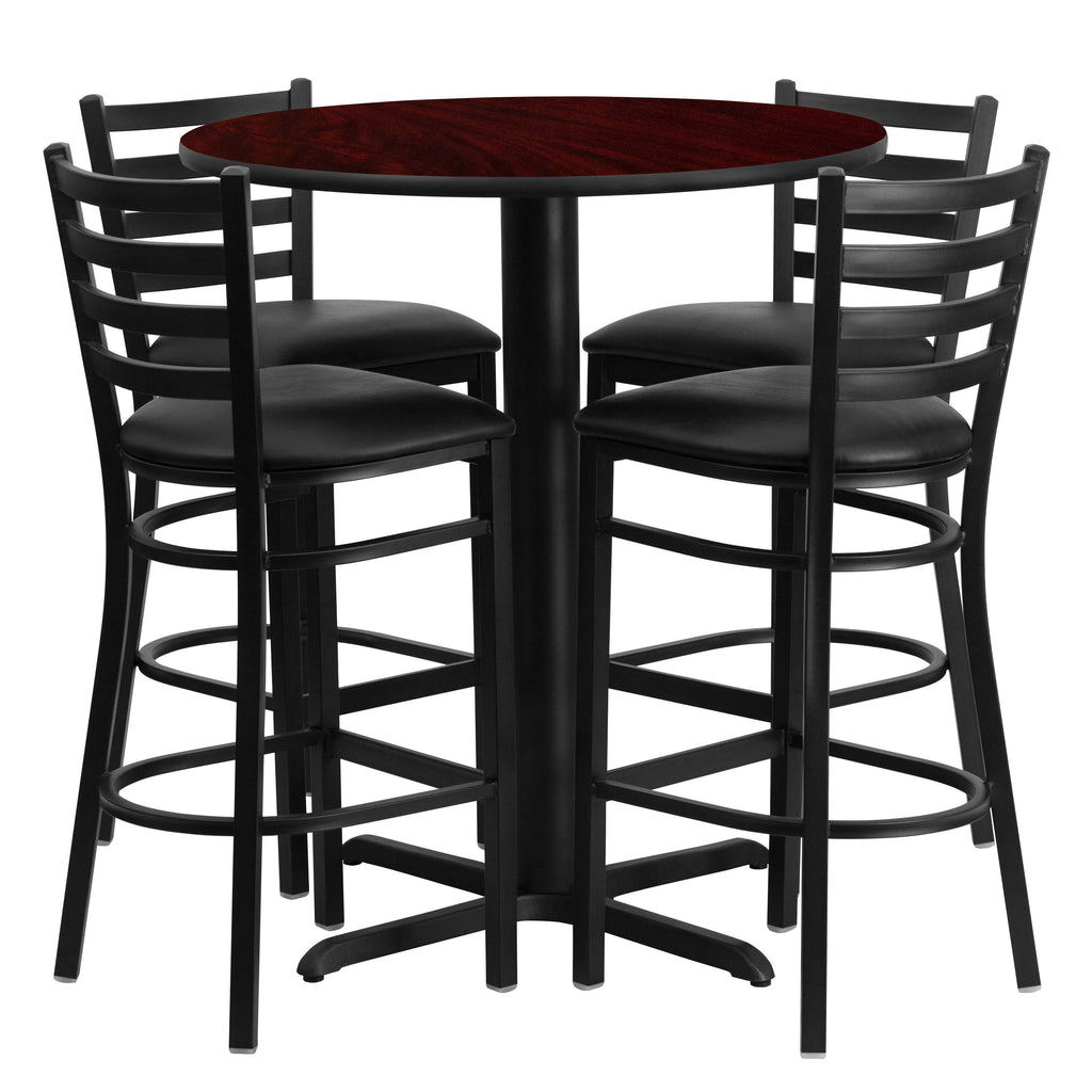 30&& Round Walnut Laminate Table Set with 4 Ladder Back Metal Barstools O8505