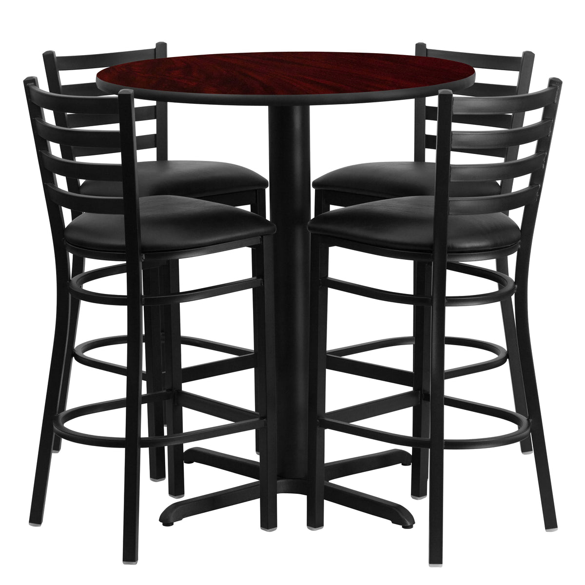 30&& Round Walnut Laminate Table Set with 4 Ladder Back Metal Barstools O8505