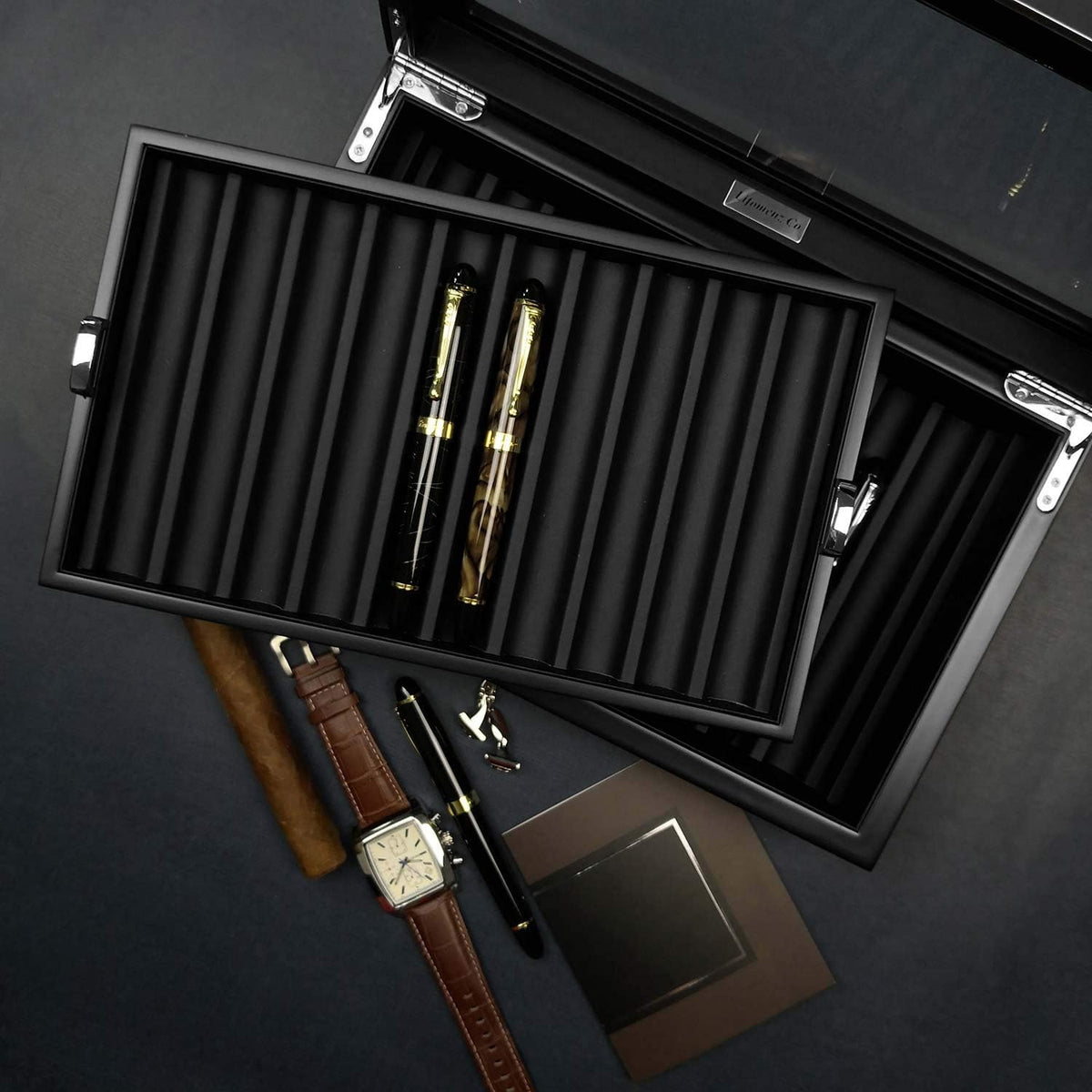 Ebony Wood Pen Display Case with Glass Window O875530
