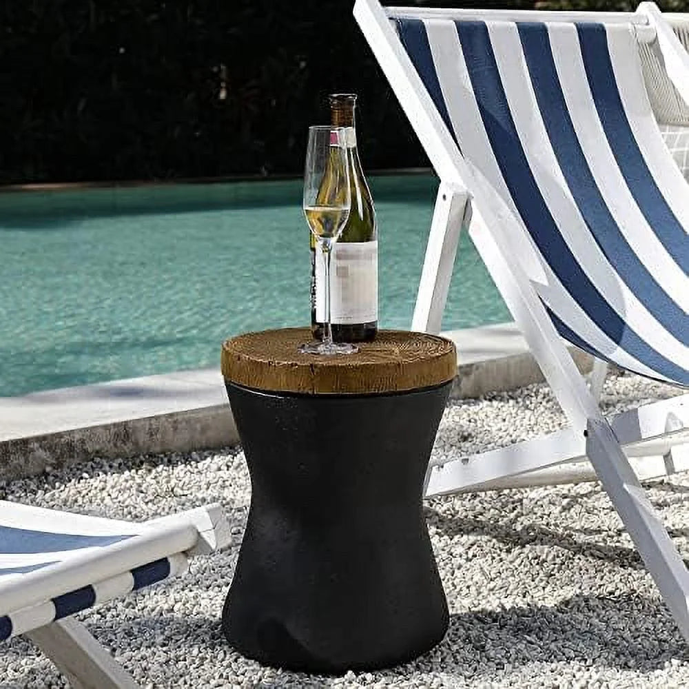 Outdoor End Table Faux-Wood Top Black Base U948
