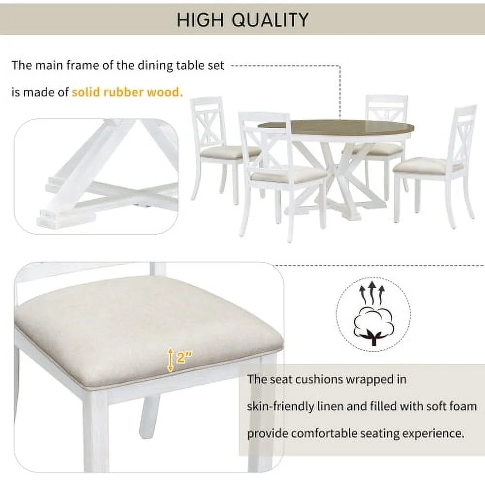 5-Piece Extendable Round Dining Table Set with 4 Upholstered Chairs V337572