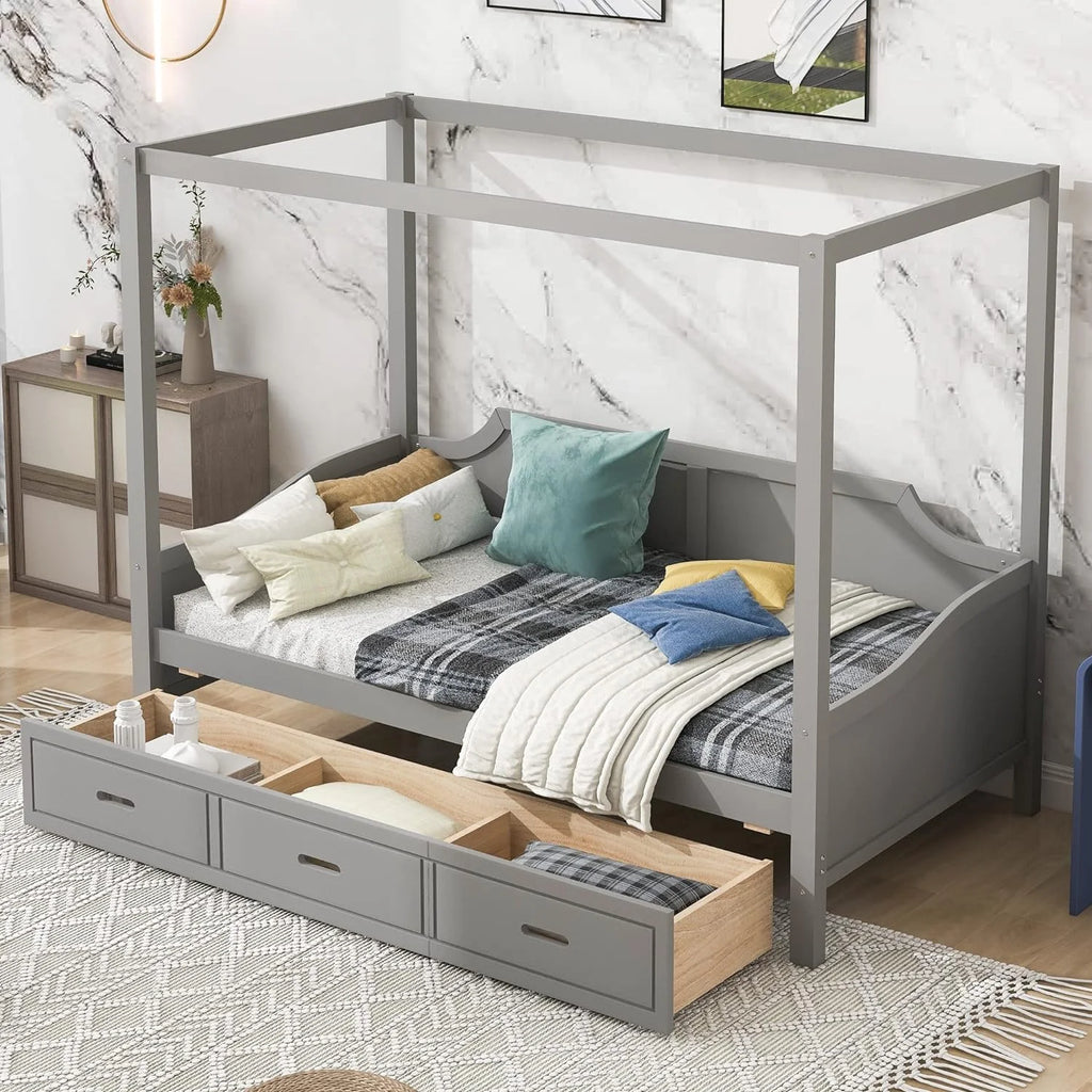 Gray Wood Canopy Bed with Storage and 3 Drawers B81480