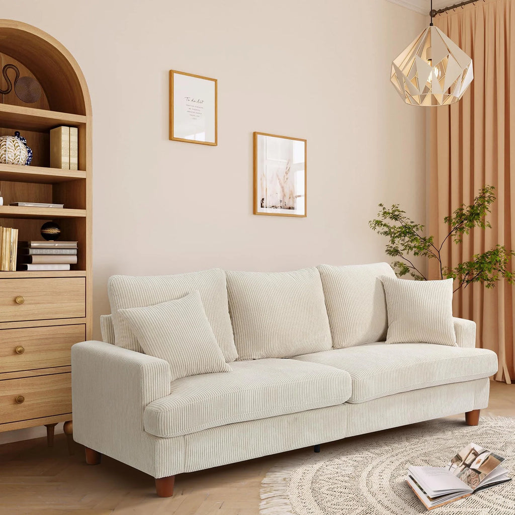 Beige 87" Corduroy 3 Seater Sofa with 2 Pillows L11369