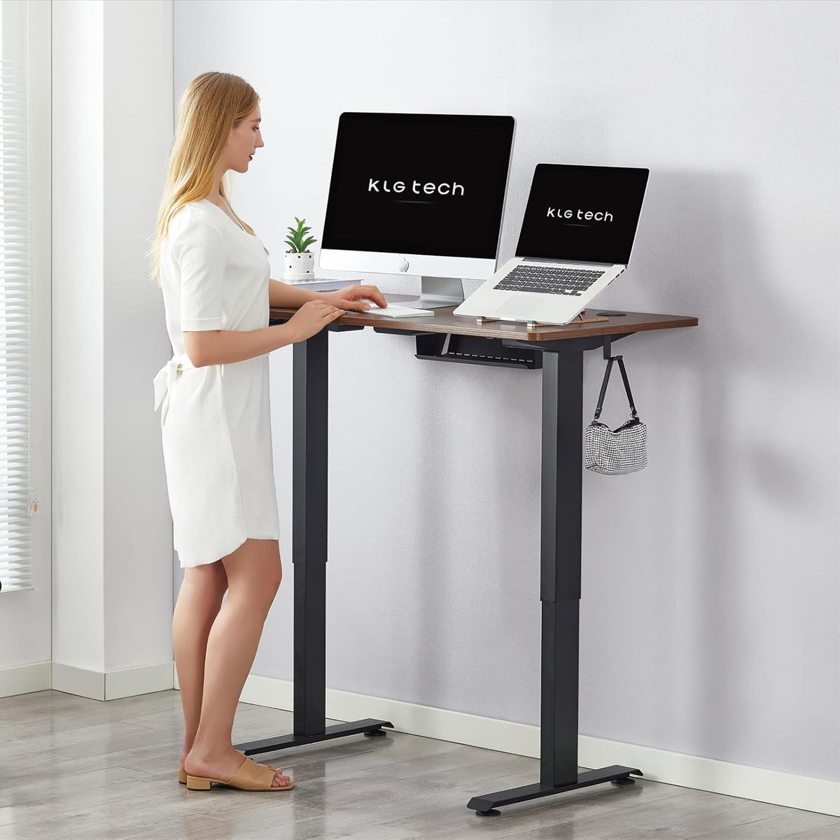 Black Steel Frame Walnut Top Electric Standing Desk, 48 x 24 Inch A497