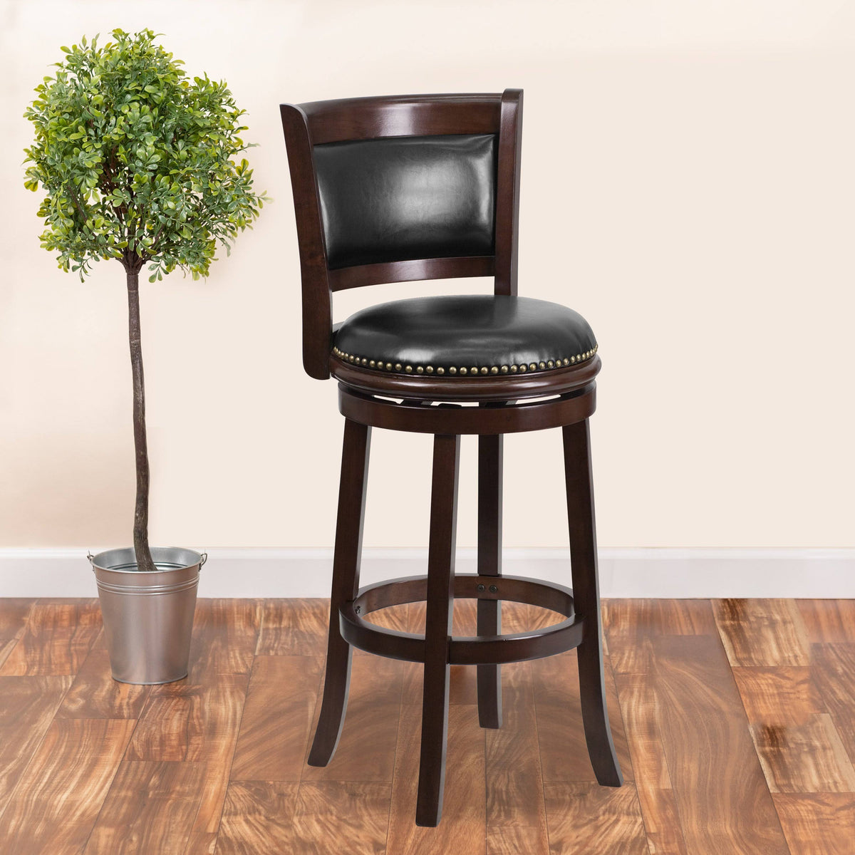 Cappuccino Wood Barstool with Black Leather Swivel Seat U337244