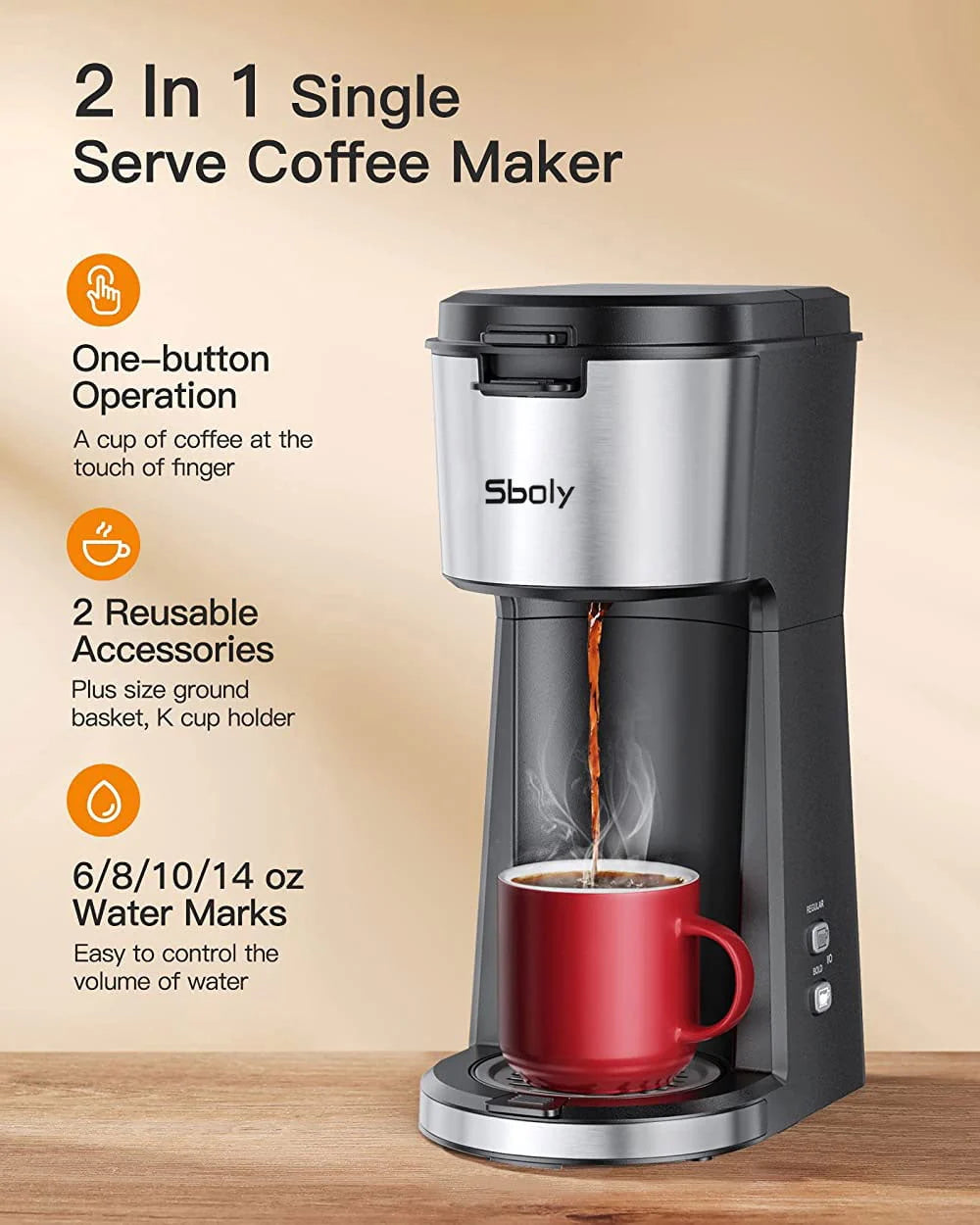 Single Serve Coffee Maker for K Cup & Ground Coffee, 6 to 14 oz Black T9084