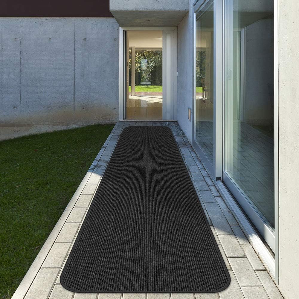 Smokey Black 3 Feet x 30 Feet Double-Ribbed Carpet Runner with Skid-Resistant Rubber Backing V475272