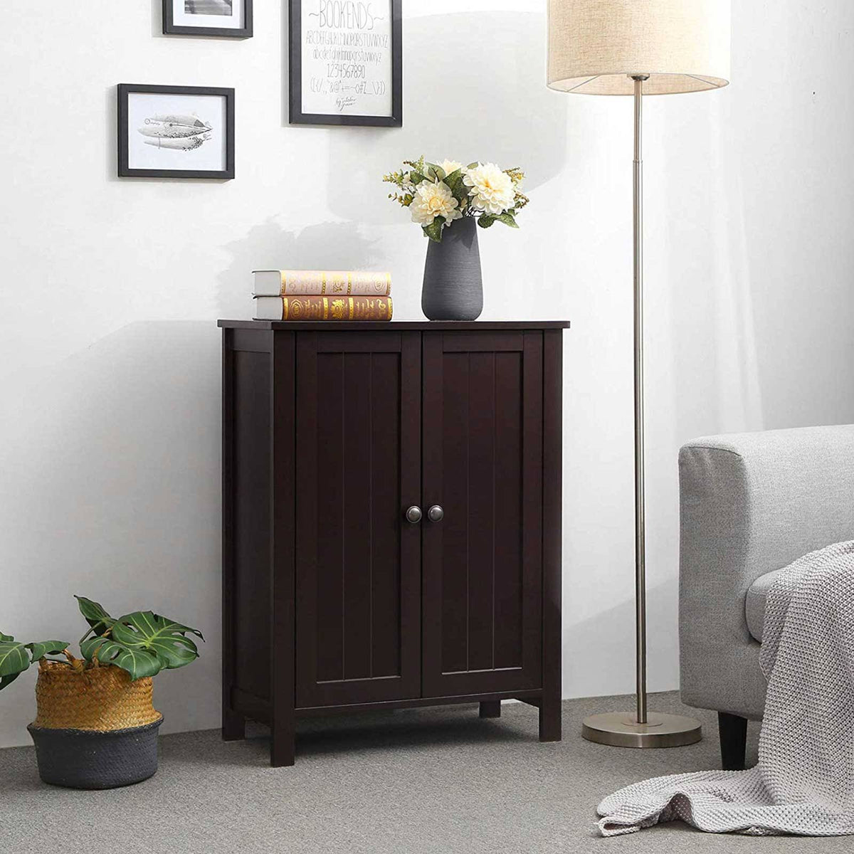 Brown Double Door Bathroom Floor Storage Cabinet with Adjustable Shelf K373