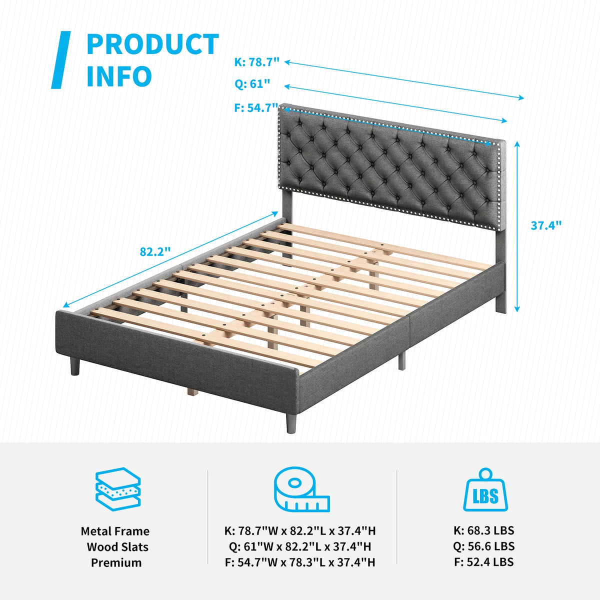 King Size Upholstered Platform Bed Frame with Headboard M3758