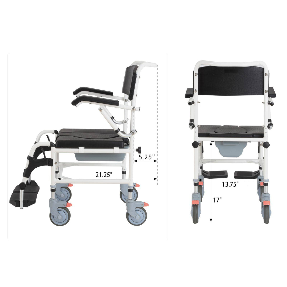 Black Commode Wheelchair with 4 Castor Wheels and Detachable Bucket F4634