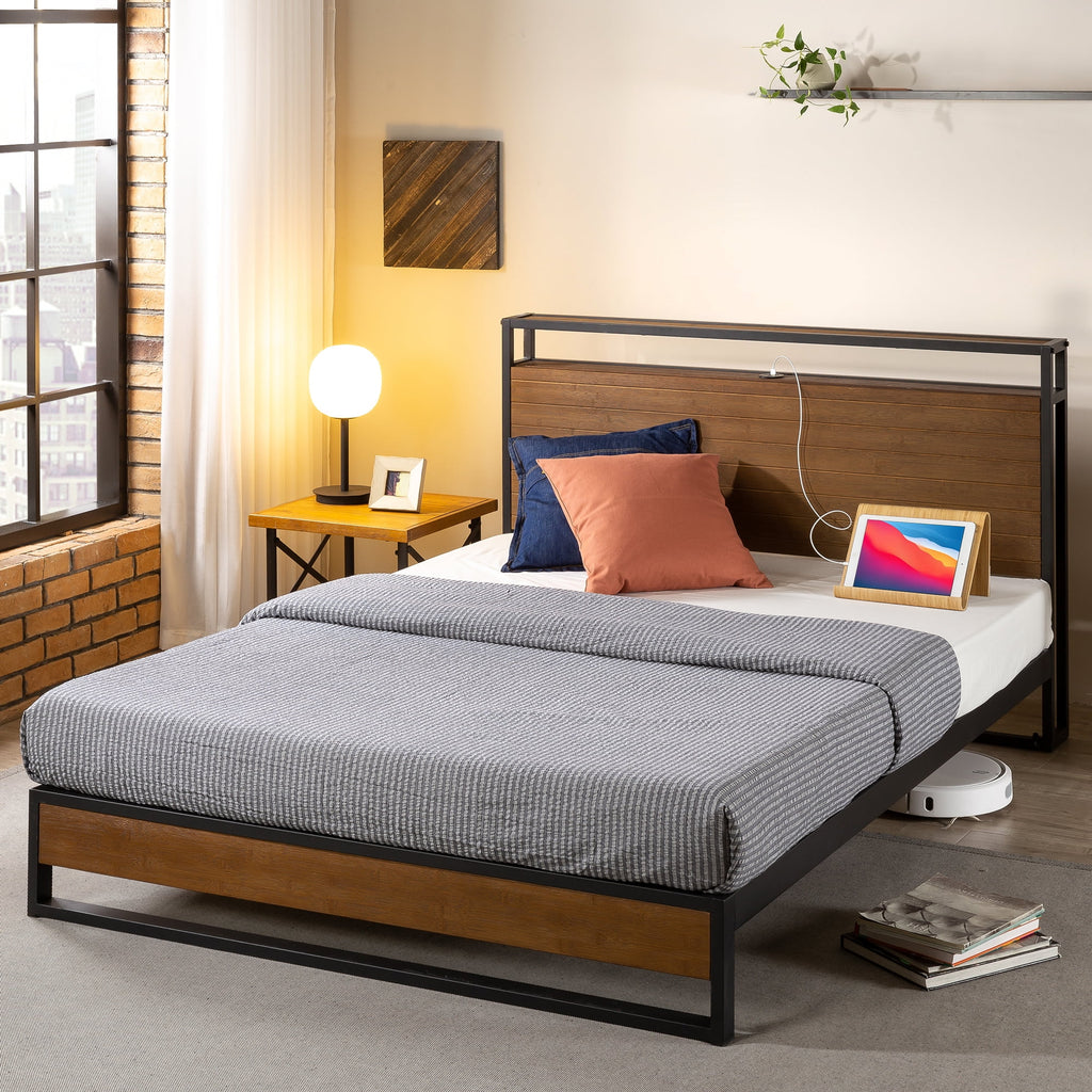Queen Bamboo and Metal Platform Bed Frame with Shelf and USB Ports Y446
