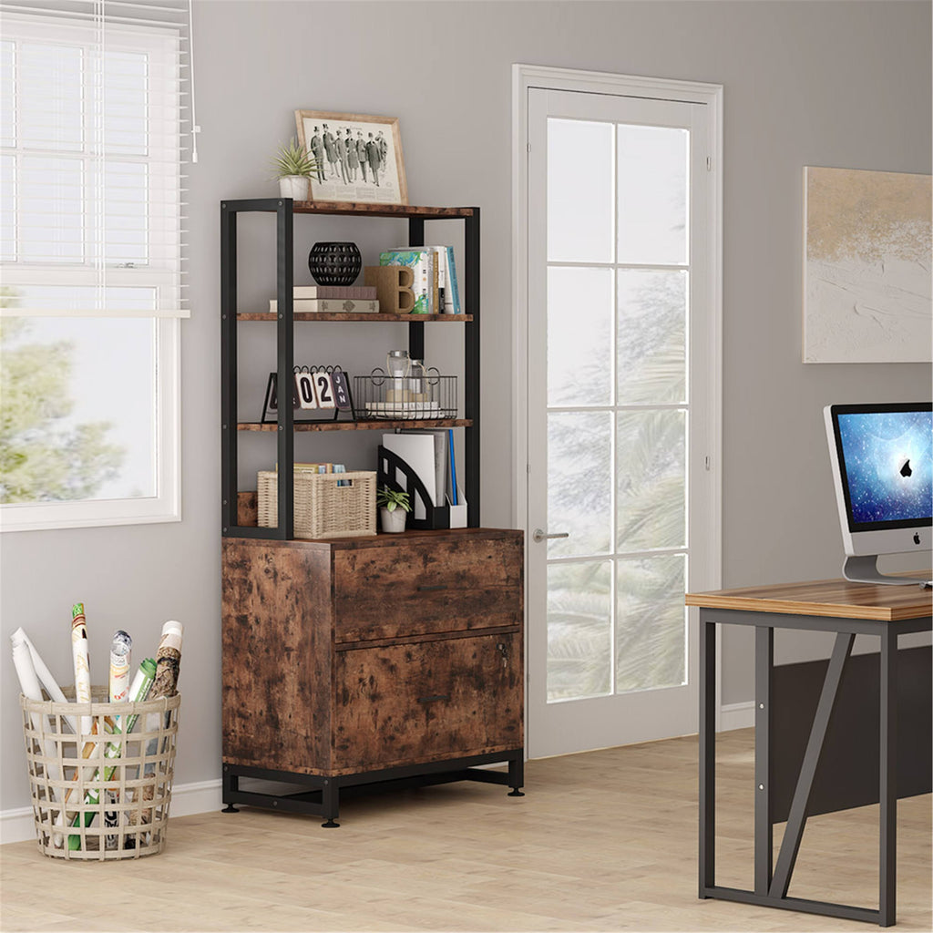 2 Drawer File Cabinet with Lock Bookshelf, Letter Size Printer Stand - Brown Z1998