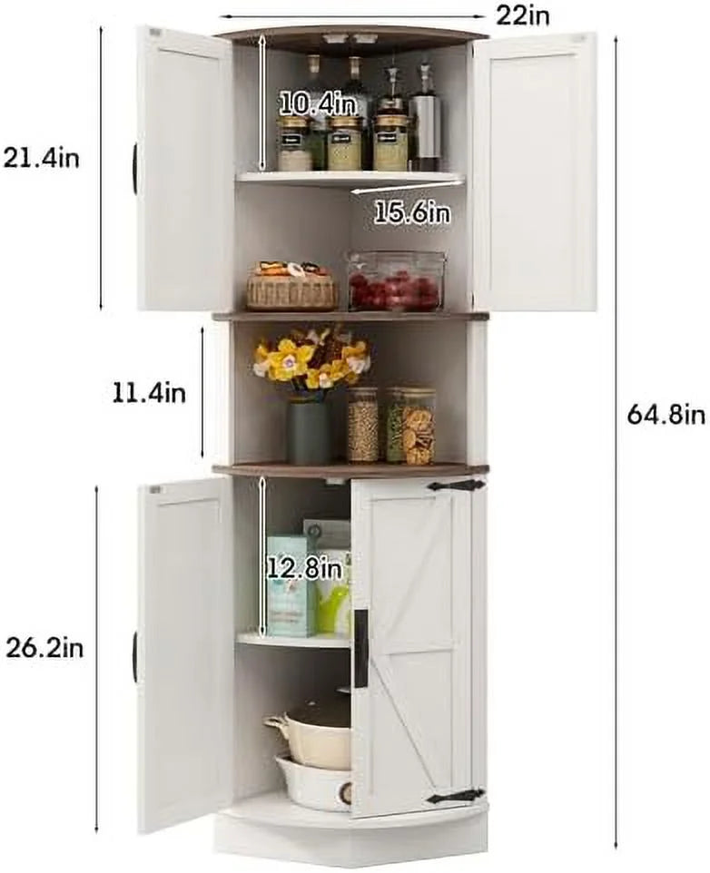 64.8" Tall White Corner Cabinet with 4 Doors and 5 Shelves B8849