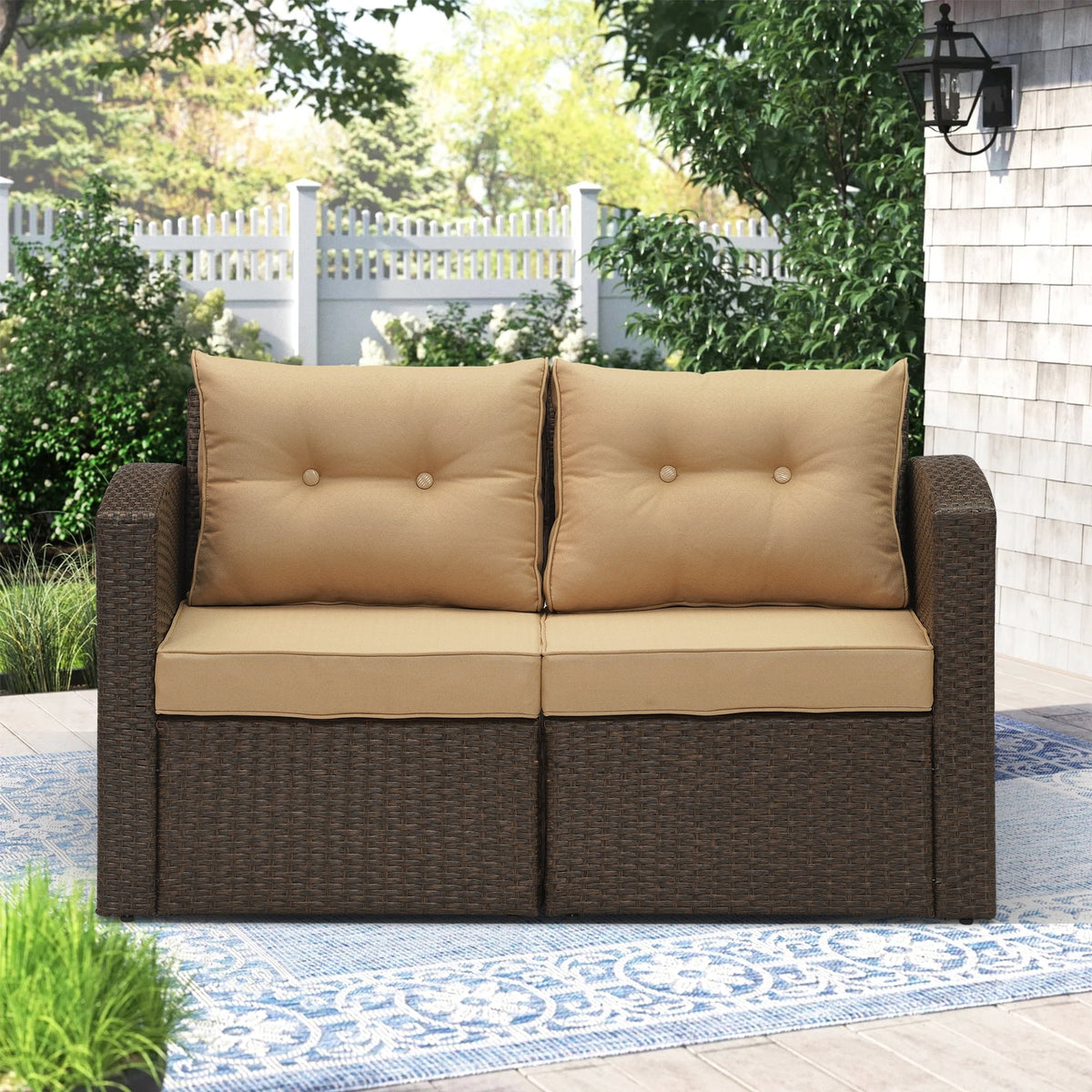 Brown Wicker Rattan Corner Sofa with Beige Cushions Y1049